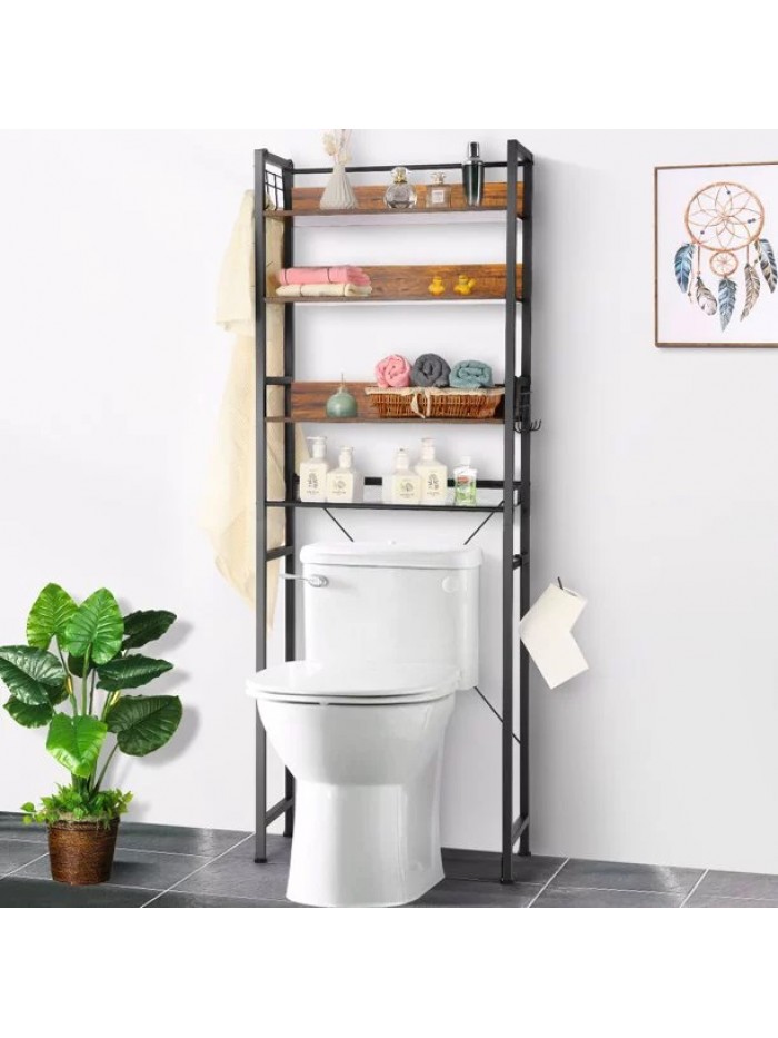 Devo 69" Toilet Shelf, 4-Tier Over The Toilet Storage Rack, Bathroom Space Saver Organizer with Hooks & Special Meash Layer in Bathroom Laundry Room Balcony Freestanding Multifunctional Metal Shelves