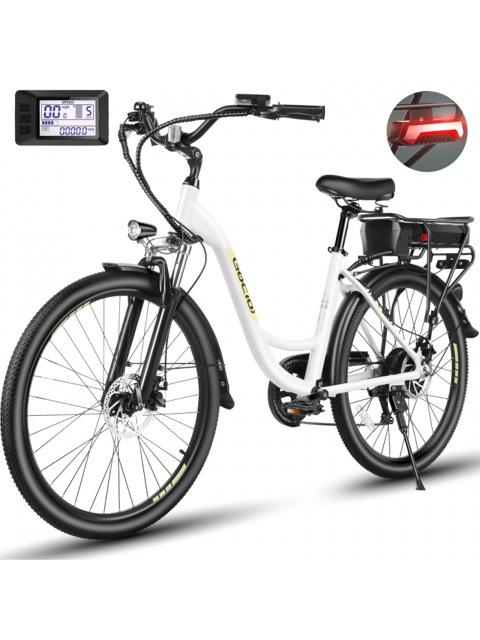 26" Low Frame Electric Bike for Adults with Powerful 350W Motor, Long-lasting 48V 10.4Ah Battery, LCD Display, Shimano 7 Speeds, and 5 Riding Modes Commuter Ebike, City Cruiser - White