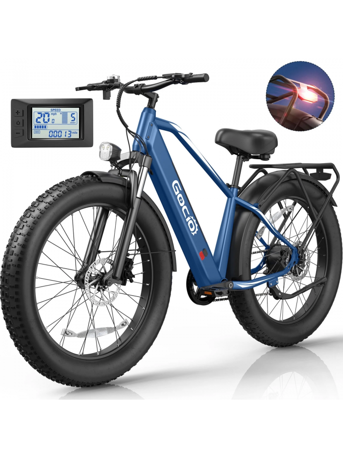 Gocio 750W Electric Mountain Bike, 26" x 4.0" Fat Tire Electric Bike, 48V 15Ah Battery, Electric Commuter Bike with Rear Rack, Lockable Suspension Fork, Ebike for Off Road, Snow, Sand, UL2849 Blue Black