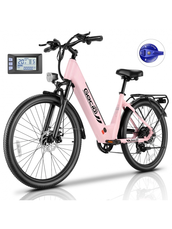  Gocio 26" x 2.1" Electric Bike for Adults, 500W Commuter Pink Ebike, 48V 720wh Built-In Battery